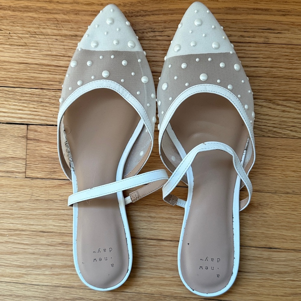 White and Tan Pointed Toe Flats